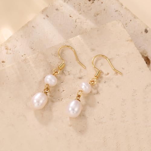 Pearl Earrings for Women 14K Gold Freshwater Pearl Hoop Earring Dangle Drop Wedding Earrings Bridal Bridesmaid Jewelry Gifts for Women - color: Natural Freshwater Pearl Drop Earrings