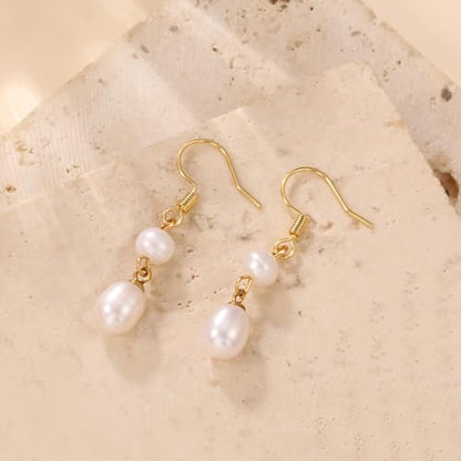 Pearl Earrings for Women 14K Gold Freshwater Pearl Hoop Earring Dangle Drop Wedding Earrings Bridal Bridesmaid Jewelry Gifts for Women - color: Natural Freshwater Pearl Drop Earrings