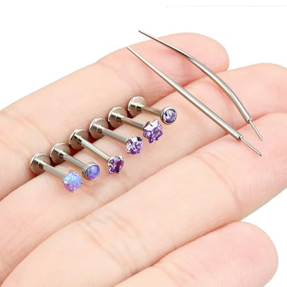 F136 Titanium 20/18/16g Internally Threaded Medusa Monroe Lip Ashley Labret Nose Rings Flat Back Tragus Helix Cartilage Conch Screw Stud Earrings Surgical Steel Piercing Jewelry for Women - color: Purple CZ, size: 16g*5/16in
