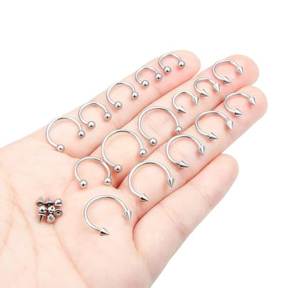 Hoeudjo 16G Horseshoe Septum Rings with Ball Grabber Tool Hypoallergenic Surgical Steel Septum Piercing Jewelry Lip Rings Smiley Piercing Jewelry for Women Men Diameter 6mm 8mm 10mm 12mm - color: silvertone