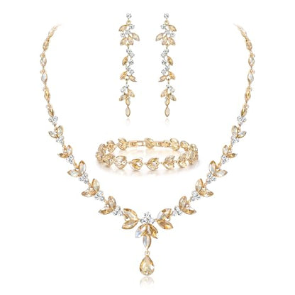 EVER FAITH Marquise Crystal Leaf Bridal Prom Jewelry Set for Women Bride | Rhinestone Wedding Party Necklace Dangle Earrings Tennis Bracelet, for Bridesmaid - color: Champagne w/ White