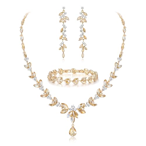 EVER FAITH Marquise Crystal Leaf Bridal Prom Jewelry Set for Women Bride | Rhinestone Wedding Party Necklace Dangle Earrings Tennis Bracelet, for Bridesmaid - color: Champagne w/ White