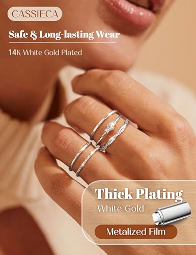 CASSIECA Non Tarnish Gold Rings for Women Dainty Marquise Stack Rings Set | 14K Gold Plated,Stackable Ring Set,Thin Thumb Wedding Band Ring,Marquise Engagement Statement Ring,Waterproof,Jewelry Gifts - color: Silver
