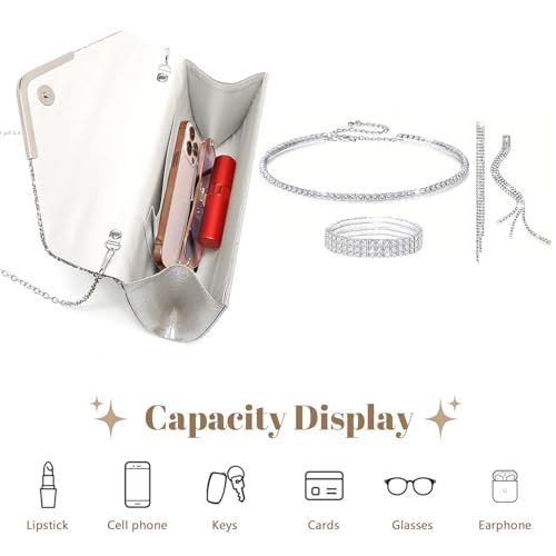 YYW 4 Pieces Women Evening Handbags Clutch Purse Bag with Rhinestone Crystal Jewelry Set for Wedding Party - color: Silver