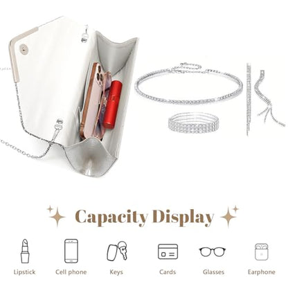 YYW 4 Pieces Women Evening Handbags Clutch Purse Bag with Rhinestone Crystal Jewelry Set for Wedding Party - color: Silver