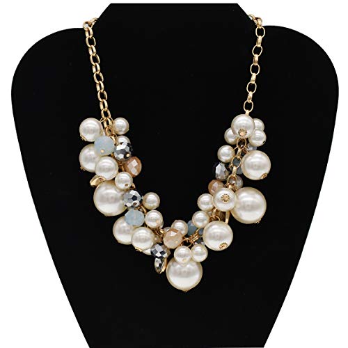 utop JNF Hand made Pearl Statement Necklace for Women Rhinestone Multilayer Crystal Necklaces Chunky Pearl Necklace Large Pearl Necklace and Earrings Set for Mother Mom's gift - color: white pearl chain necklace