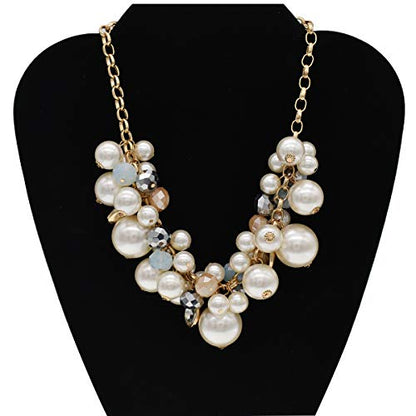 utop JNF Hand made Pearl Statement Necklace for Women Rhinestone Multilayer Crystal Necklaces Chunky Pearl Necklace Large Pearl Necklace and Earrings Set for Mother Mom's gift - color: white pearl chain necklace