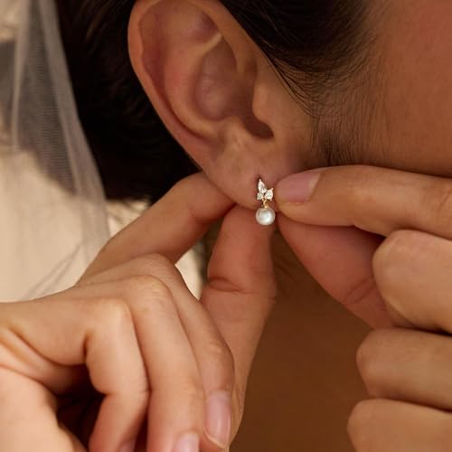Pearl Earrings for Women:Gold Wedding Dangle Drop Earring Pearl Jewelry | 14K Gold Plated Pearl Drop Earrings for Women,Dainty Wedding Bride Earring Studs,Gold Dangle Drop Earring,Waterproof Jewelry - size: 1 pcs-6