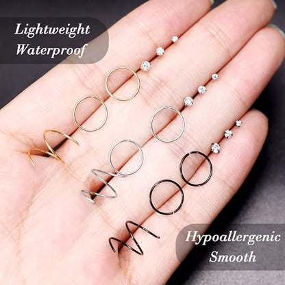 22G 18Pcs G23 Titanium Nose Rings Hoops for Sensitive Skin Double Nose Rings L Shaped Nose Studs Hypoallergenic Nose Piercings Jewelry - color: Silver+Gold+Black