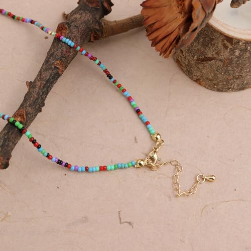 Gold Seed Beaded Necklaces for Women, Boho Handmade Adjustable Colorful Beads Choker Summer Beach Jewelry Gift. - color: Turquoise