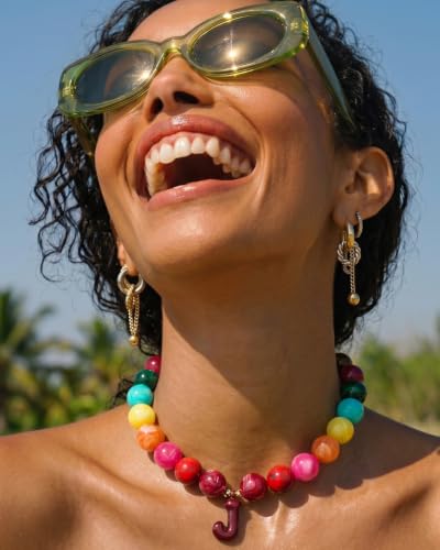 DoDoBeads Chunky Colorful Beaded Initial Necklace, Bubble Letter Choker | Gift box and dust pouch included; waterproof and sweat-resistant with real gold plated stainless steel hardware - color: Rainbow-A