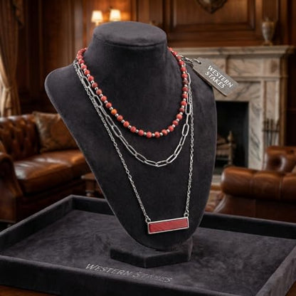 Layered Stone Necklace, Triple Strand Beaded Choker with Paperclip Chain, Boho Western Fashion Jewelry - color: Coral