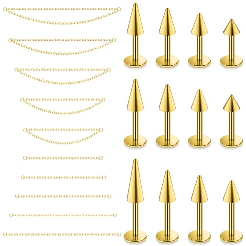 20G 18G 16G Flat Back Earrings Nose Rings Studs Chain Piercing Surgical Steel Spike Lip Nose Rings Stud Snake Bite Tragus Helix Conch Cartilage Earrings Piercing Jewelry For Women Men - color: Gold, size: 16 Gauge