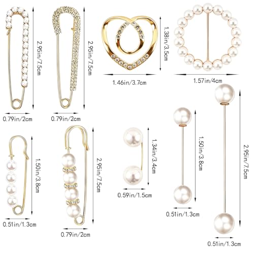 16 PCS Sweater Shawl Clips, Retro Pearl Crystal Brooch Safety Pins, Faux Safety Pins for Clothes for Women Girls Costume Accessory