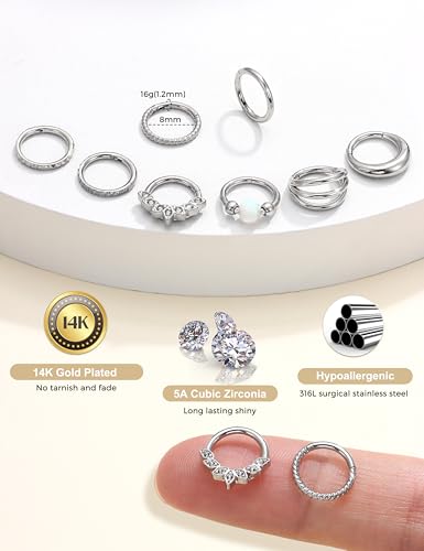 LOLIAS Septum Nose Rings Hoops - 316L Surgical Steel Septum Rings CZ Opal Silver 14K Gold Plated Hoop Nose Ring for Women 16G/18G Clicker Cartilage Earring Conch Daith Nostril Piercing Jewelry 8mm/10mm 8Pcs - color: Silver, size: 16G 8MM