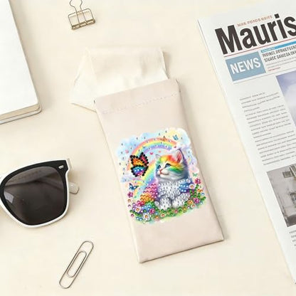 Diamond Art Painting Eye Glass Bag PU Sunglasses Glasses Storage Bag Built-in Glasses Cloth Press Automatic Closure - color: Cat