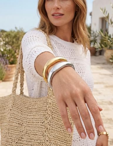 Chunky Gold Bangle Bracelets for Women, Dainty 14k Gold Plated Big Stackable Bangles Set, Trendy Statement Cuff Bracelet Stack Fashion Jewelry Gifts - style: 2 Silver & gold bangles