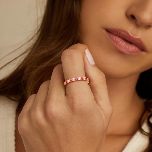 Birthstone Rings Eternity Band 925 Sterling Silver/Yellow Gold-Plated Created Gemstone Stackable Wedding Band 2.7mm Thin Half Eternity Rings for Women Size 6 to 10 - color: 07-Ruby-Jul.