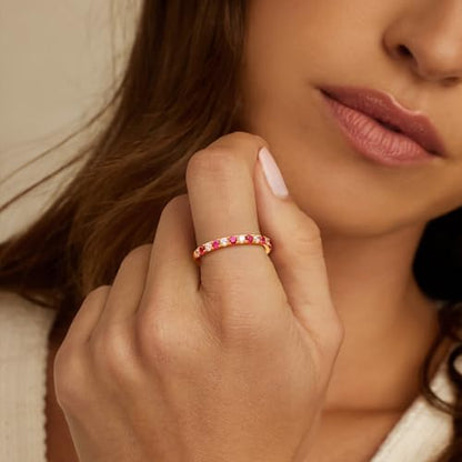Birthstone Rings Eternity Band 925 Sterling Silver/Yellow Gold-Plated Created Gemstone Stackable Wedding Band 2.7mm Thin Half Eternity Rings for Women Size 6 to 10 - color: 07-Ruby-Jul.