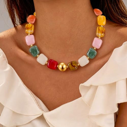 VIBILIA Boho Beaded Chunky Statement Necklace for Women Y2K Summer Jewelry | Boho Handmade Large Resin Bead Strand, Trendy Statement Summer Vacation Holiday Jewelry - color: Square-Colorful