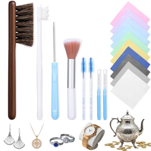 Jewelry CleaningBrush Kit,18 Pcs Jewelry Cleaner Tool Set | Cleaning Polishing Cloth,Hole Brush,Needles and Crevice Brush for All Jewelry,Ring,Gold,Diamond,Earring,Sterling Silver