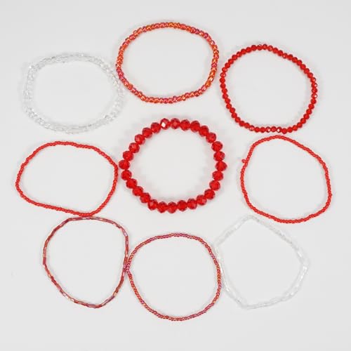 Boho Colorful Stackable Crystal Glass Beads Stretch Bracelets Multilayered Bracelets for Women Bohemian Jewelry - color: Red 9pcs