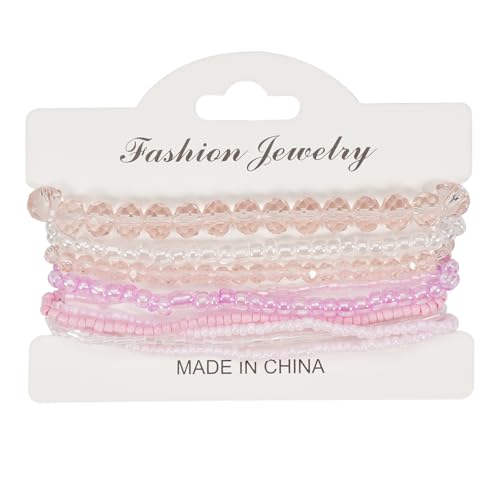 Bohemian Colorful Crystal Glass Beads Seed Beaded Bracelet Handmade Adjustable Stackable Elastic Strand Bangle for Women Summer Beach Hawaii Boho Wristbands Jewelry - color: clear pink