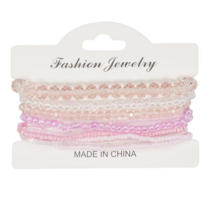 Bohemian Colorful Crystal Glass Beads Seed Beaded Bracelet Handmade Adjustable Stackable Elastic Strand Bangle for Women Summer Beach Hawaii Boho Wristbands Jewelry - color: clear pink