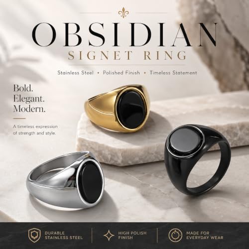 Stainless Steel Black Obsidian Ring for Men Women, Oval Black Stone Signet Ring, Gold Silver Black Tone Wide Band Ring, Polished Stainless Steel Statement Jewelry Gift - color: Gold