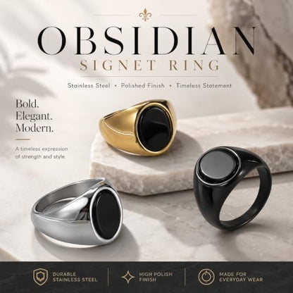 Stainless Steel Black Obsidian Ring for Men Women, Oval Black Stone Signet Ring, Gold Silver Black Tone Wide Band Ring, Polished Stainless Steel Statement Jewelry Gift - color: Silver
