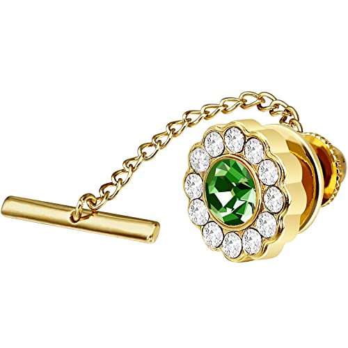 AMITER Crystal/Pearl Tie Tack with Chain, Gold Mens Tie Pin Necktie Pins Lapel Pin for Wedding Birthday Anniversary Party - color: 24k Gold+Light Green Crystal
