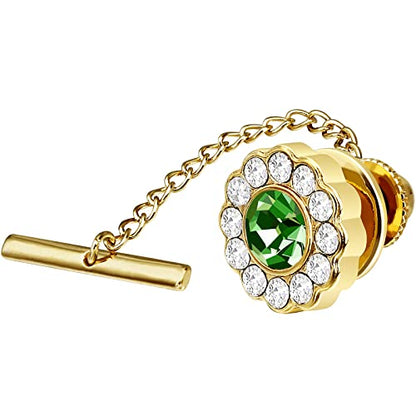 AMITER Crystal/Pearl Tie Tack with Chain, Gold Mens Tie Pin Necktie Pins Lapel Pin for Wedding Birthday Anniversary Party - color: 24k Gold+Light Green Crystal