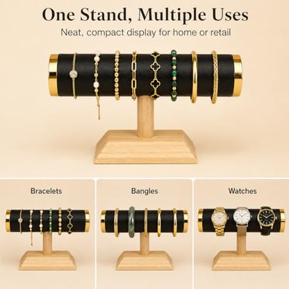 Jewelry Display T-Bar Stand – Elegant Black PU Leather & Natural Oak Wood Base, Space-Saving Organizer for Bracelets, Watches & Bangles - color: Round PU Black