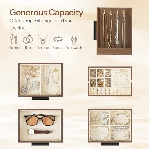 HOOBRO Jewelry Box with Mirror, Wooden Jewelry Organizer Box with Side Clear Acrylic Panel, Large Jewelry Case for Earrings, Necklaces, Rings, Watches, Walnut BH22JB04