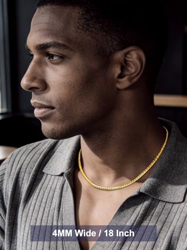 Bandmax Solid Stainless Steel Flat Box Link Chains 2MM/4MM/6MM/8MM Silver/Gold/Black Rolo Cable Chain Necklaces for Men Women 14"-30" Length, Gift Packed - color: 06 4MM-14K Gold Plated