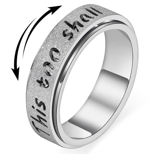 Fidget Spinner Ring for Women - THIS TOO SHALL PASS Stainless Steel 18K Gold Plated Anxiety Rotating Inspirational Ring for Stress Relief, Thumb Hope Rings Jewelry Gift for Women Men - color: Silver