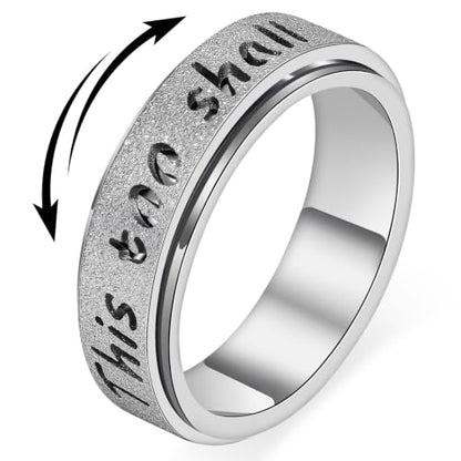 Fidget Spinner Ring for Women - THIS TOO SHALL PASS Stainless Steel 18K Gold Plated Anxiety Rotating Inspirational Ring for Stress Relief, Thumb Hope Rings Jewelry Gift for Women Men - color: Silver