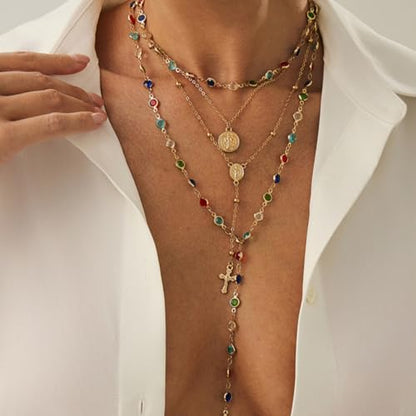 3 Piece Layered Necklace Set for Women, Colorful Beaded Lariat Y Pendant Multi Strand Chain