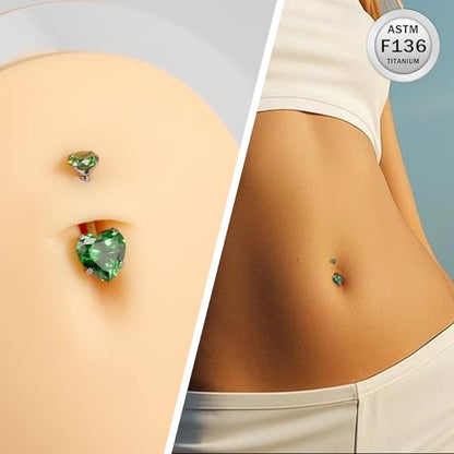 ASTM F136 Titanium Belly Button Rings 14G CZ Heart Belly Navel Rings 10mm Bar Body Piercing Jewelry Navel Ring With 1PCS Curved Piercing Taper - color: Green CZ