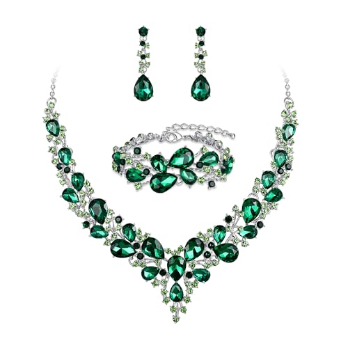 Wedding Bridal Jewelry Set for Women Bride Bridesmaids | Gorgeous Austrian Crystal Teardrop Cluster Statement Necklace Dangle Earrings Link Bracelet Set Prom Jewellery - color: 04-Emerald Color Silver-Tone