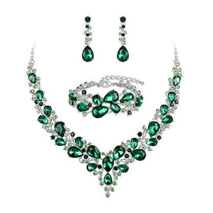 Wedding Bridal Jewelry Set for Women Bride Bridesmaids | Gorgeous Austrian Crystal Teardrop Cluster Statement Necklace Dangle Earrings Link Bracelet Set Prom Jewellery - color: 04-Emerald Color Silver-Tone