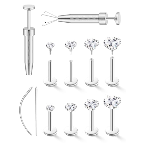 4 Pairs 16G 18G Flat Back Stud Earrings, Hypoallergenic Surgical Steel Set | CZ 2-5mm, internal thread design for nose and tragus piercings use, includes ball grabber tool for easy jewelry changes - color: 16G CZ 2/3/4/5mm Silver