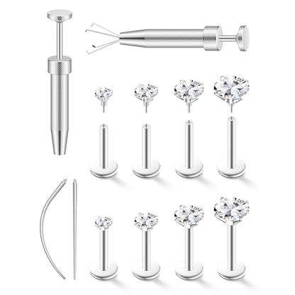 4 Pairs 16G 18G Flat Back Stud Earrings, Hypoallergenic Surgical Steel Set | CZ 2-5mm, internal thread design for nose and tragus piercings use, includes ball grabber tool for easy jewelry changes - color: 16G CZ 2/3/4/5mm Silver