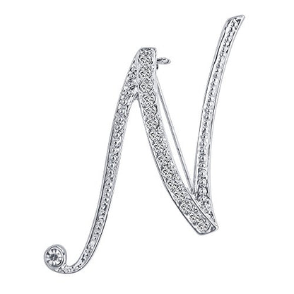 A-Z 26 Letters Pins Brooches Silver Plated Metal Broaches Pins-Clear Crystal Initial Breastpin - color: 1pcs-N