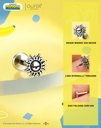 OUFER | Minions 16g Extended Internally Threaded Flat Back Helix Stud | Punk Style 6mm 316L Surgical Steel Tragus Earrings, Minions Eye Sun Nose Lip Cartilage Piercing Jewelry for Women Men