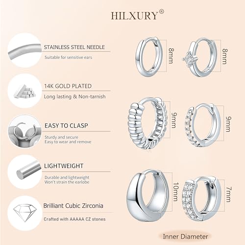 HILXURY 6 Pairs Small Gold Huggie Hoop Earrings for Women, 14K Gold Plated Cartilage Piercings Hoop Earrings Hypoallergenic, Trendy Lightweight Chunky Hoops Set for Women Gifts. - color: D- Silver