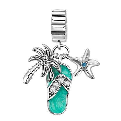 Family Love Mother Daughter Grandma Charm 925 Sterling Silver fits Bracelets Necklace Pendant Bead Charms Jewelry Gift for Women Family Friends - color: Coconut Tree & Starfish & Slippers Charm