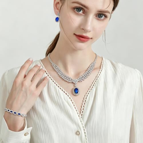 3-Piece Royal Blue Bridal Jewelry Sets Necklace Earrings Bracelet for Women Wedding Prom Accessories