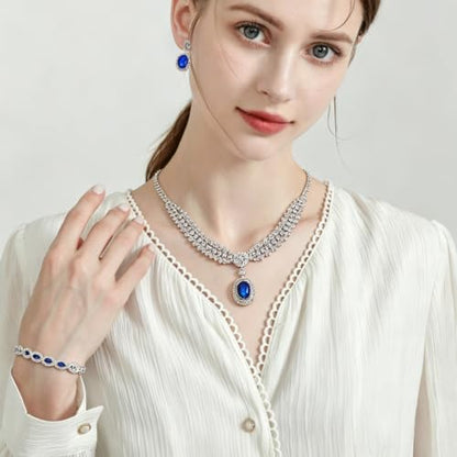 3-Piece Royal Blue Bridal Jewelry Sets Necklace Earrings Bracelet for Women Wedding Prom Accessories