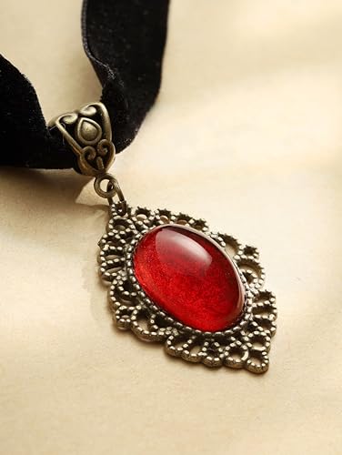 Red Velvet Victorian Choker, Black Choker, Gothic Goth Vintage Necklace | Zinc Alloy, Glass, Velvet, 12.6 in & 4.3 in extender chain, Gothic Vintage Steampunk Jewelry, Halloween Costumes Jewelry